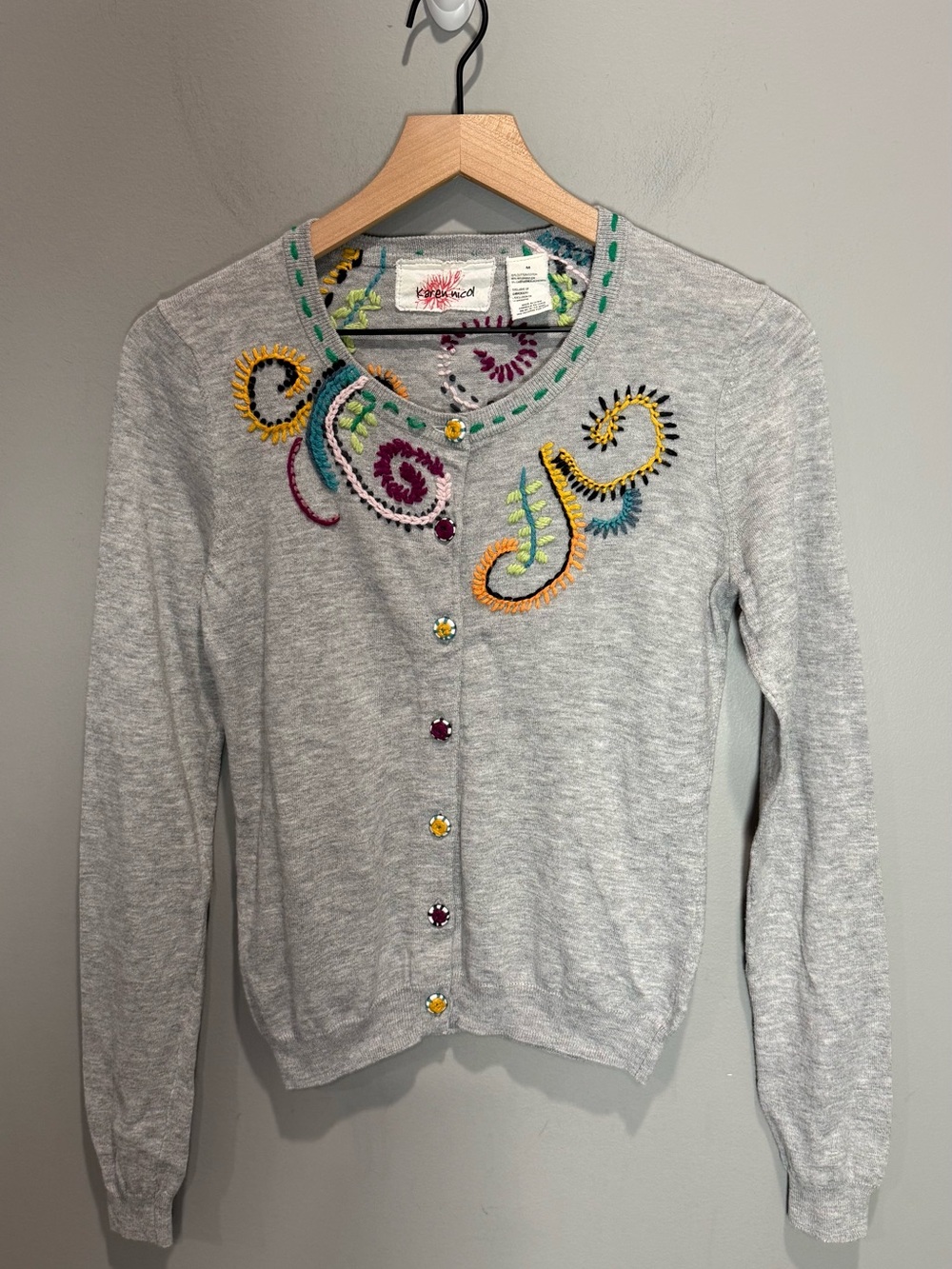 Karen Nicol Embroidered Cardigan M Gray Floral Artsy Whimsical Sweater